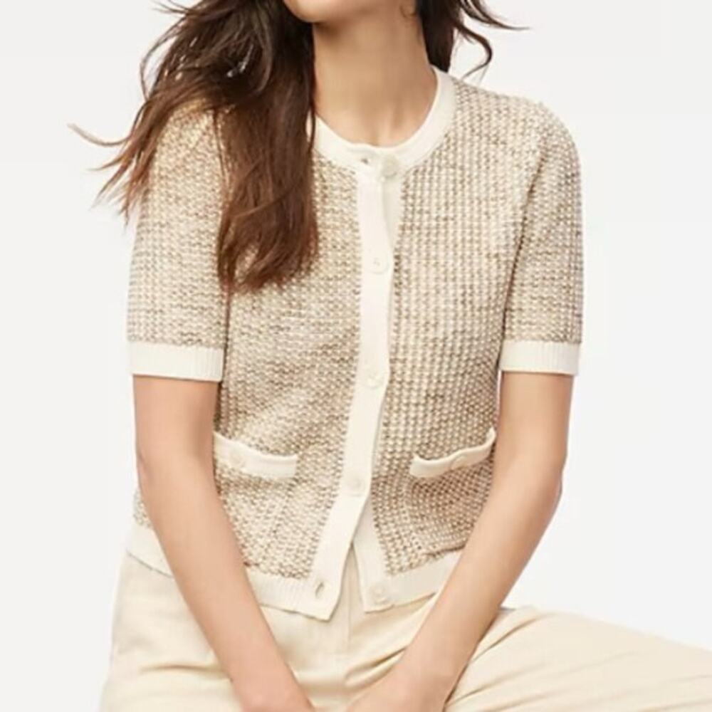 J. Crew Cream and Tan Short-Sleeve Knit Cardigan